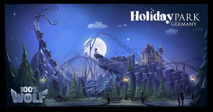 Holiday Park Germany nighttime illustration featuring a roller coaster and castle.