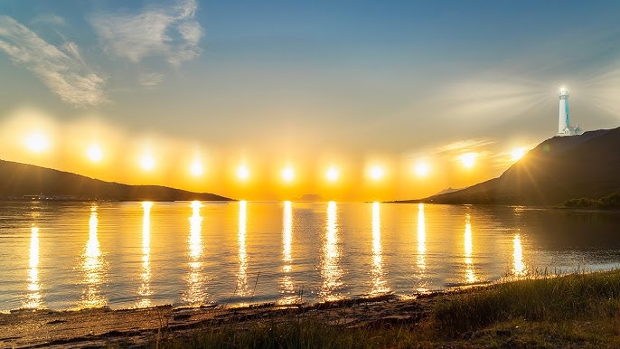 Sunset over calm water with multiple sun reflections and a lighthouse on a hill.