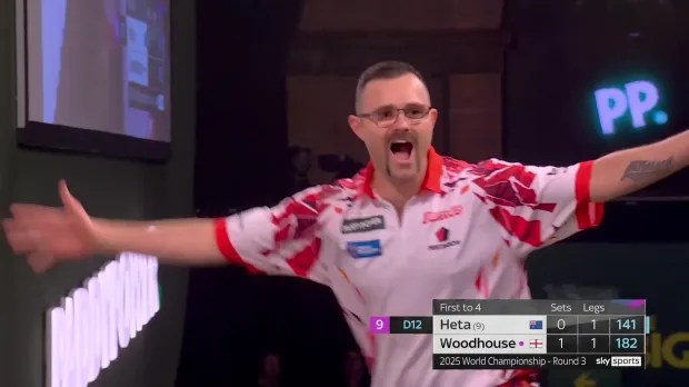 Damon Heta celebrated his nine-darter before crashing out in Round 3