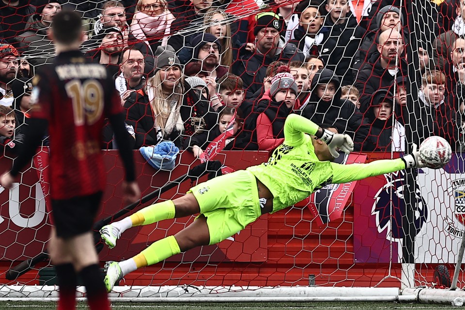 Soccer goalie diving to save a shot.