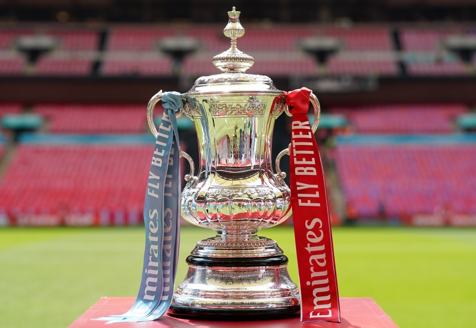 FA Cup trophy with Emirates Fly Better ribbons.