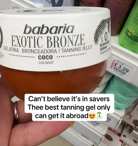 Babaria Exotic Bronze tanning jelly in a Savers store.