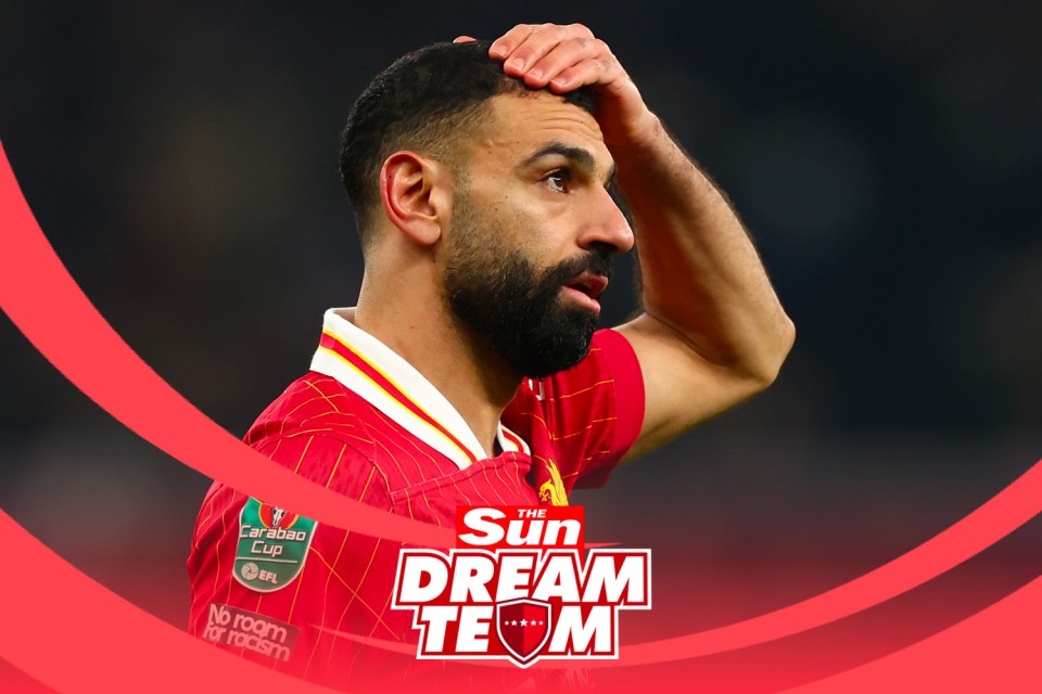 Mohamed Salah in Liverpool's kit, looking upset; The Sun Dream Team logo.