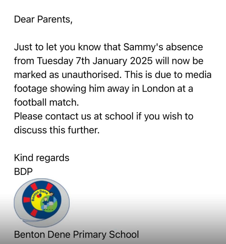 Letter from Benton Dene Primary School explaining Sammy's unauthorized absence due to attendance at a football match.