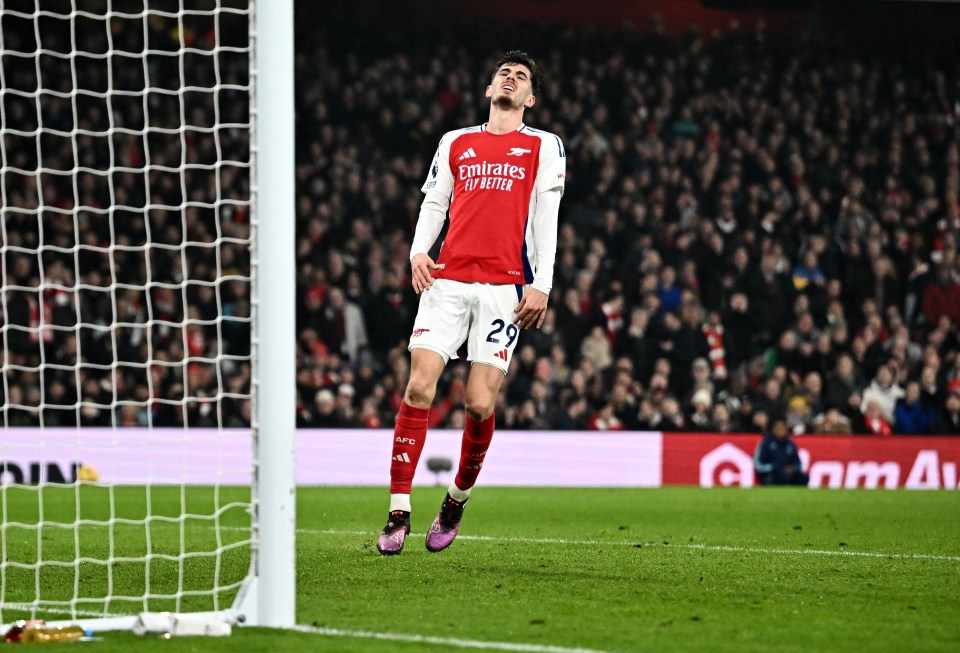 Arsenal's Kai Havertz reacts near the goal.