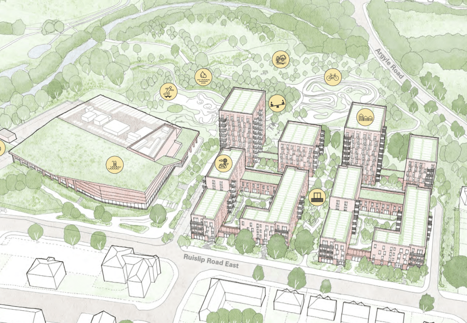 Illustration of a leisure centre and residential development plan.