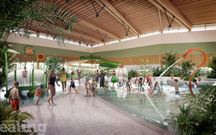 Illustration of an indoor leisure center with a pool and water features.