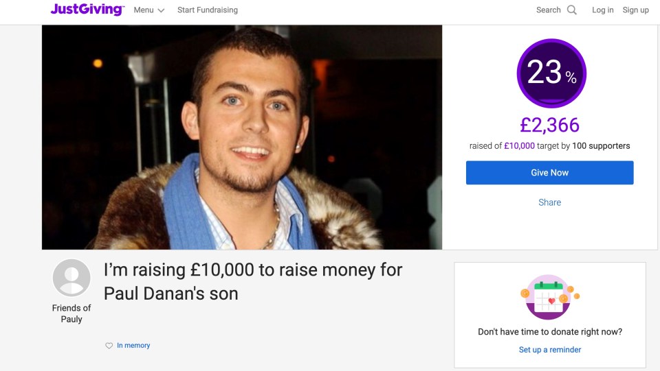 Screenshot of a JustGiving fundraising page for Paul Danan's son.