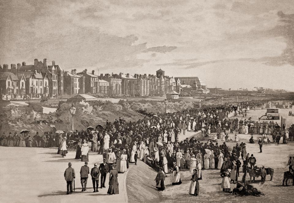 Illustration of a large crowd of people in 19th-century clothing at Southport's Marine Park.