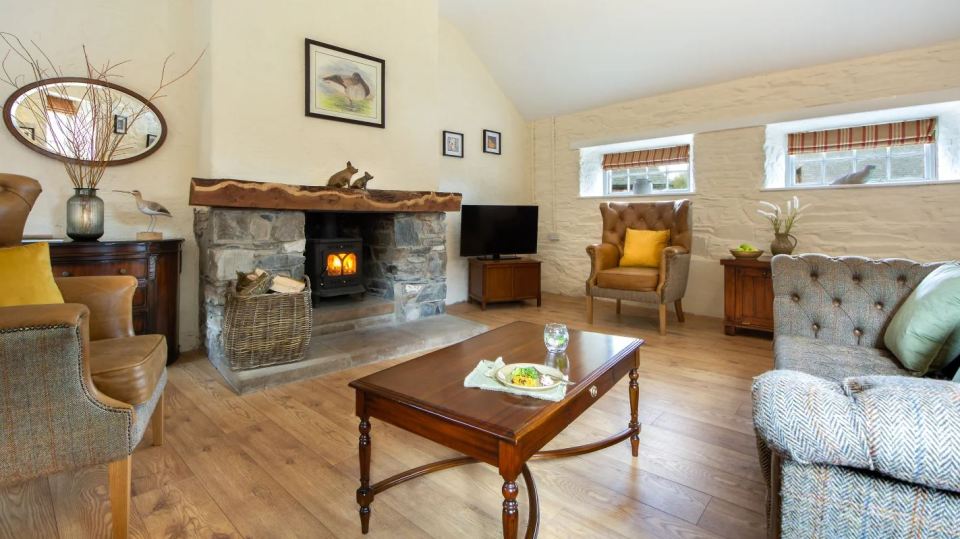 Living room with wood-burning stove and comfortable seating.