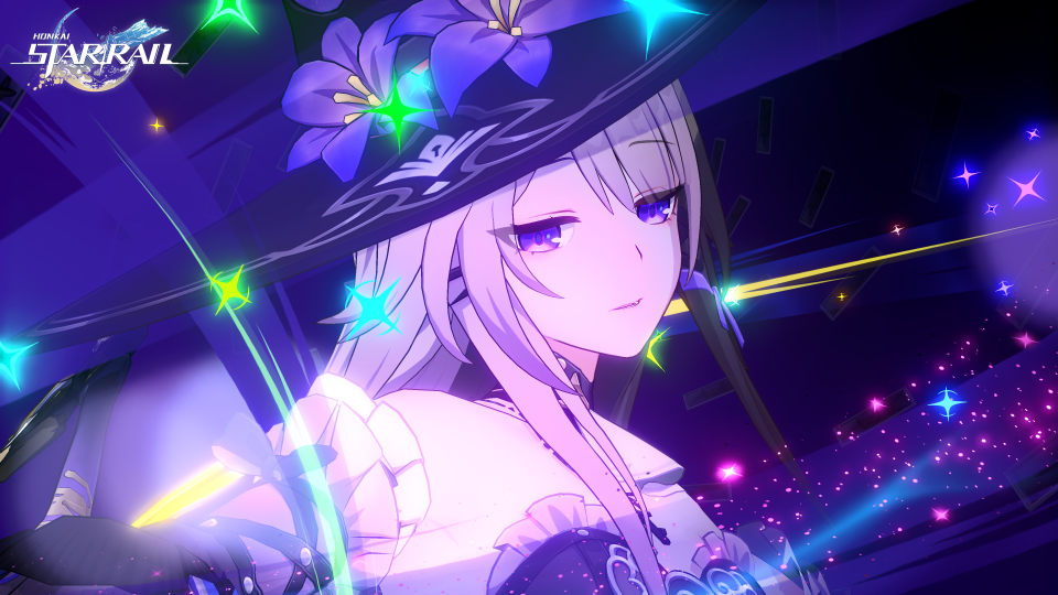 Illustration of a girl with long purple hair wearing a witch's hat, surrounded by glowing particles and streaks of light.