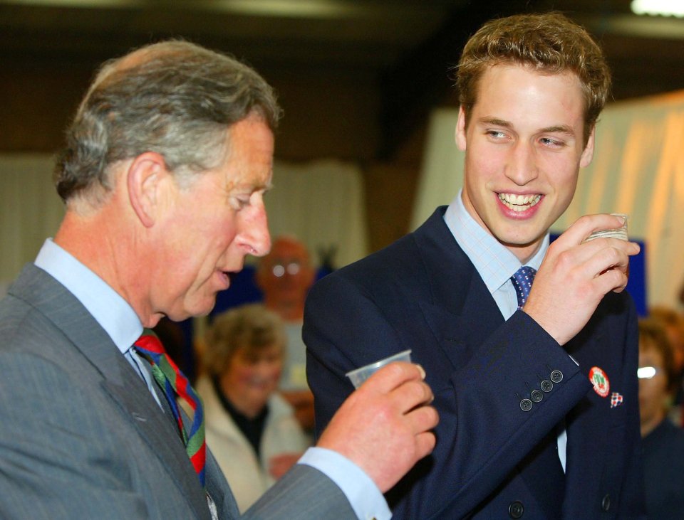 Prince Charles and Prince William drinking together at an official visit.