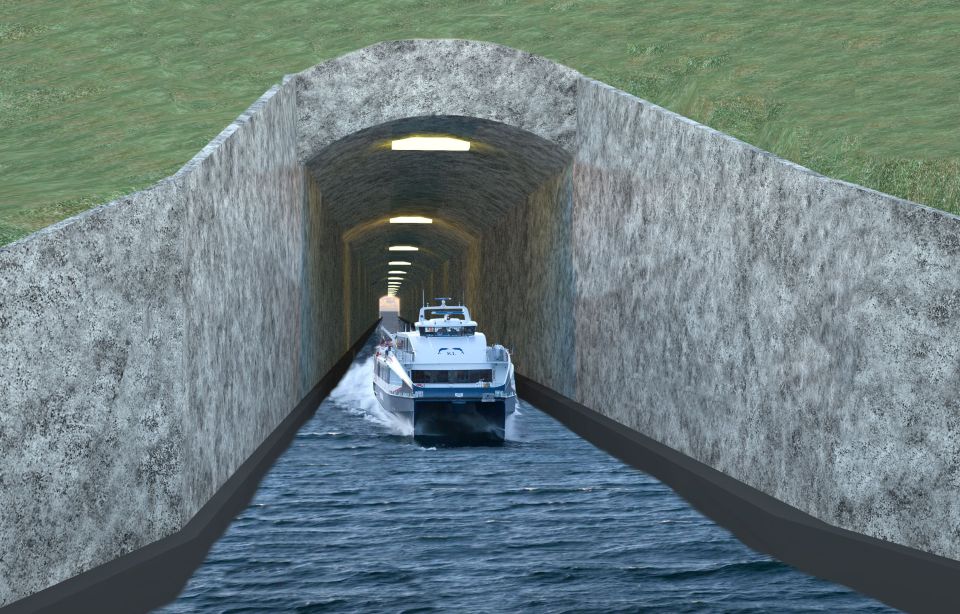 Illustration of a ship traveling through a tunnel.