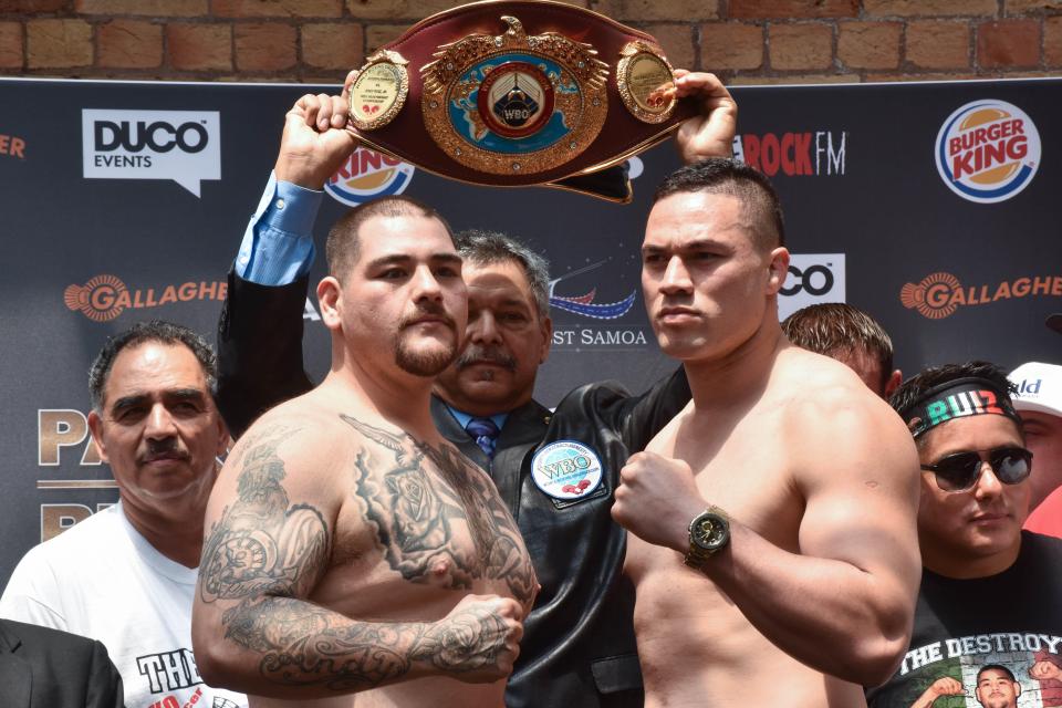 Joseph Parker and Andy Ruiz Jr. face off at a weigh-in.