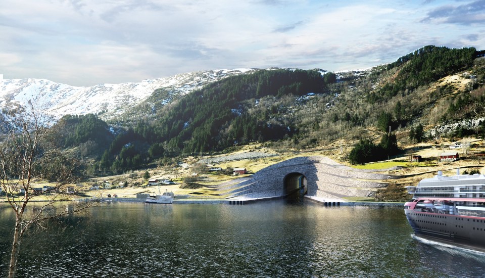 Illustration of the Stad Ship Tunnel in Norway, showing a cruise ship entering the tunnel.