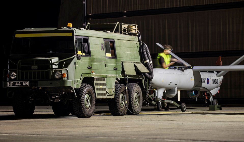 A military Watchkeeper UAV being prepared at RAF Akrotiri.