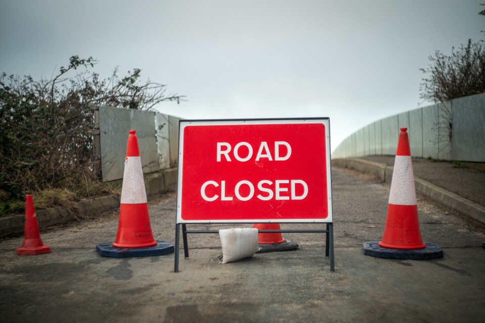 Road closed sign with traffic cones.