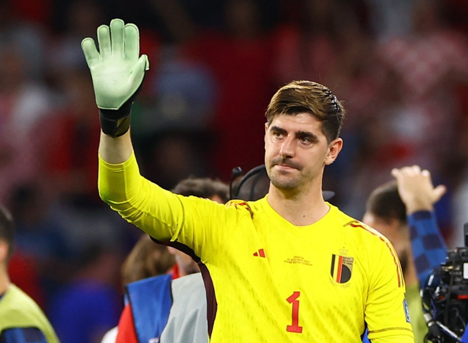 Thibaut Courtois waving goodbye after Belgium's World Cup elimination.