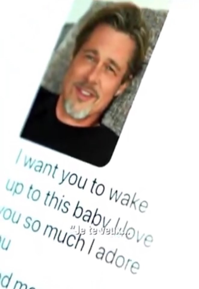 Screenshot of a text message exchange showing a picture of Brad Pitt and a message professing love.