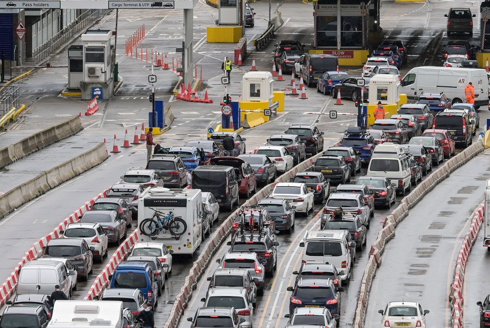 Long lines of vehicles at the Port of Dover.