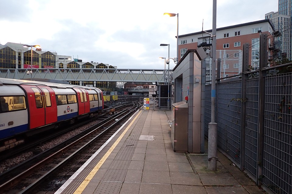 Stratford station platform with a Jubilee line train.