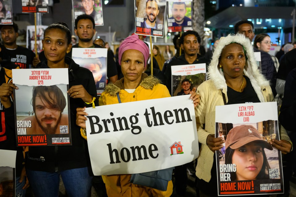 Families of hostages in Tel Aviv rally for their release.