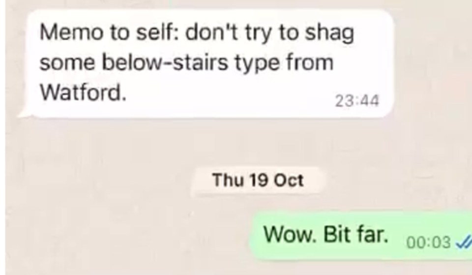 Text messages showing a man's dismissive comment about a woman from Watford.