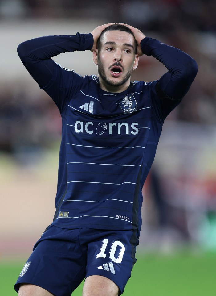 Emi Buendia of Aston Villa reacting during a soccer match.