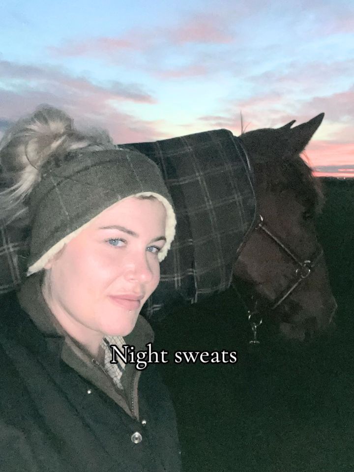 Woman with horse, experiencing night sweats.