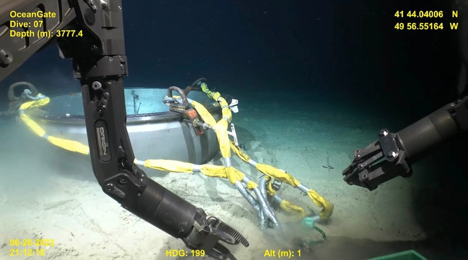 Underwater ROV footage of the Titan submersible wreckage.