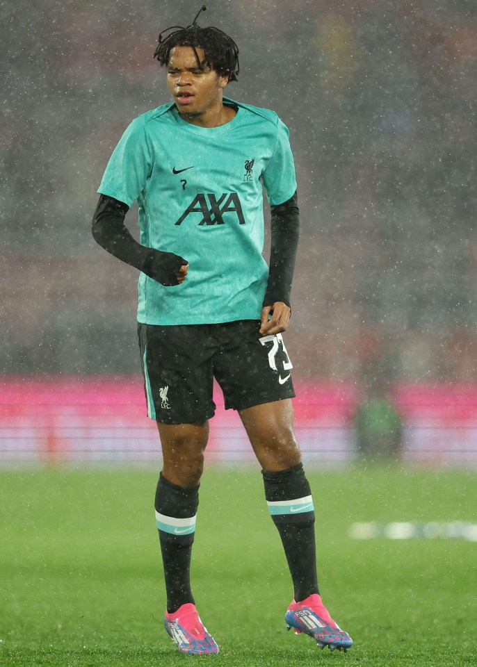 Rio Ngumoha of Liverpool warming up before a Carabao Cup match.