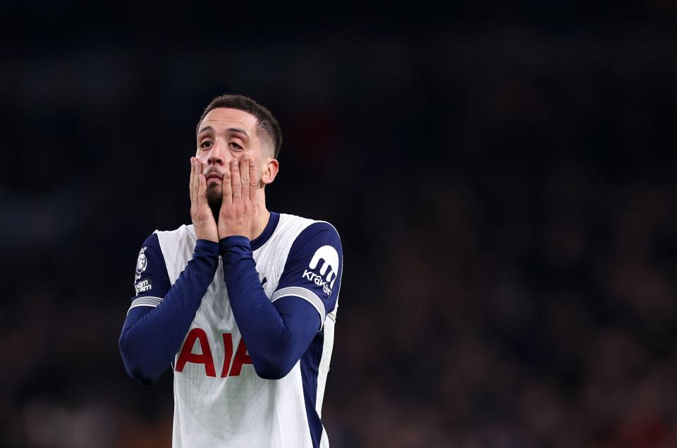 Rodrigo Bentancur of Tottenham Hotspur looking dejected.