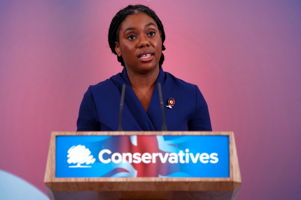 Kemi Badenoch, new leader of the UK Conservative Party, speaking at a podium.