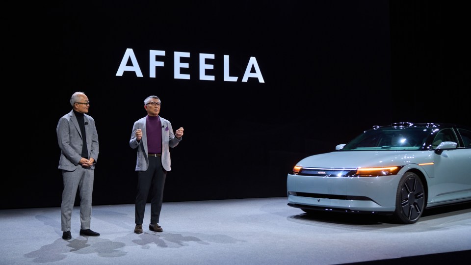 Afeela car reveal with two speakers on stage.