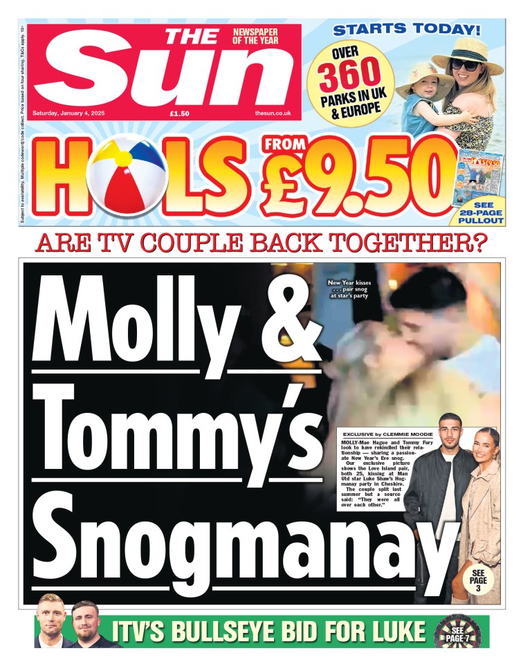 The Sun newspaper front page: Molly-Mae Hague and Tommy Fury's New Year's Eve kiss.