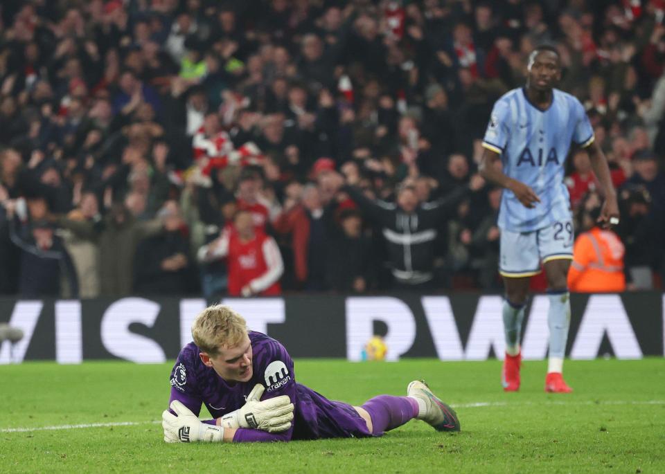 Antonin Kinsky of Tottenham Hotspur lying on the field after missing a goal.