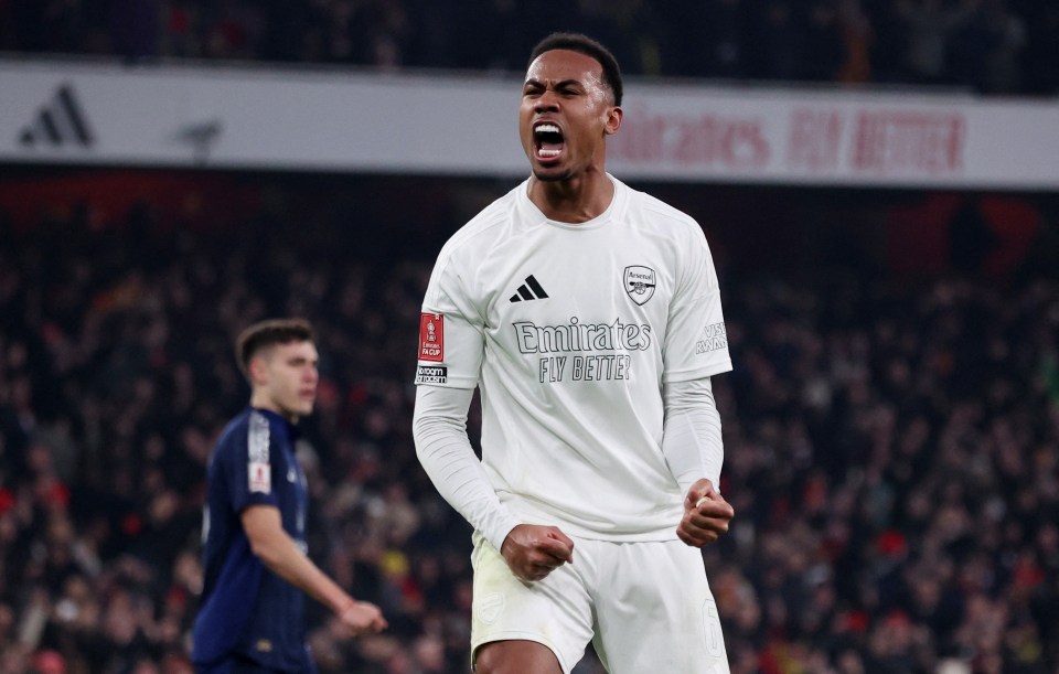 Arsenal's Gabriel Magalhaes celebrates scoring a goal.