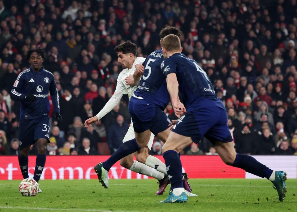 Arsenal's Kai Havertz vying for a penalty during an FA Cup match.