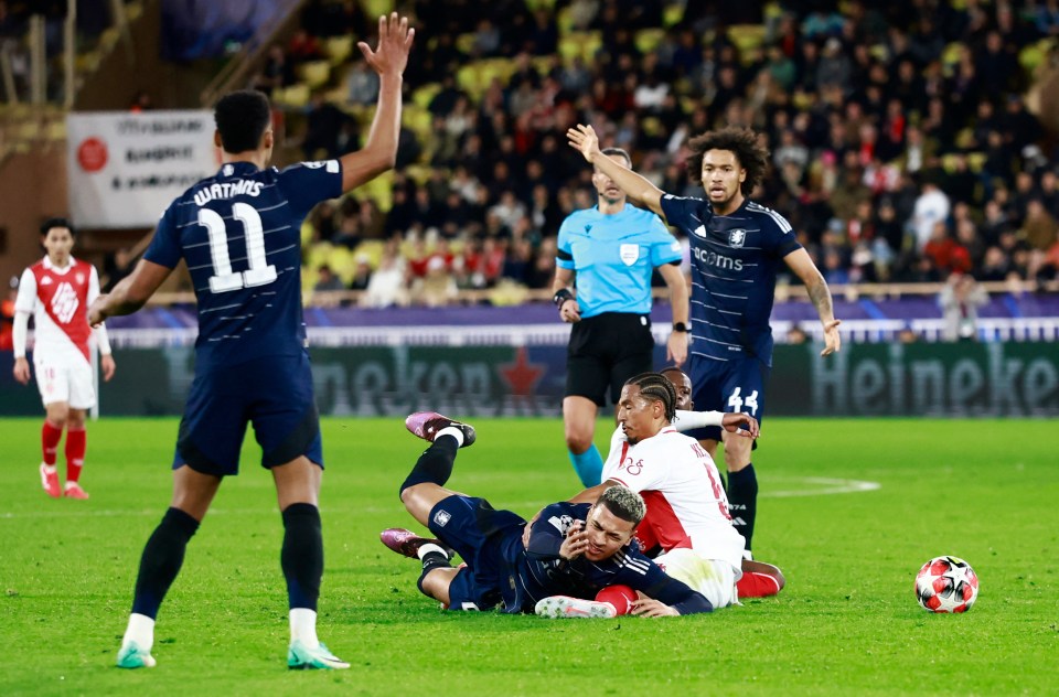 Aston Villa's Morgan Rogers on the ground during a soccer match.