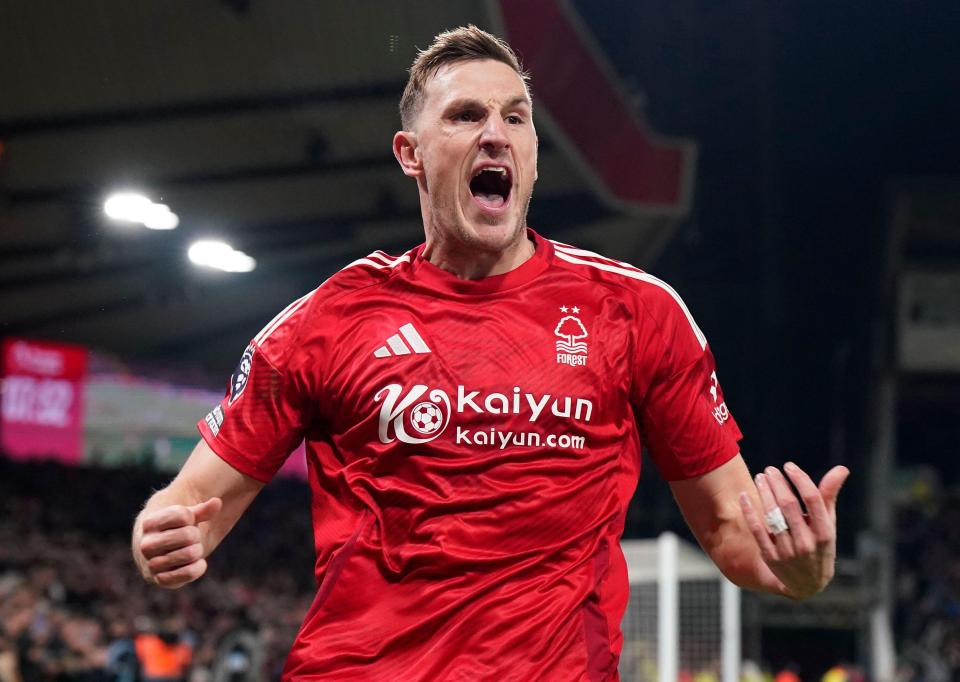 Chris Wood of Nottingham Forest celebrating a goal.