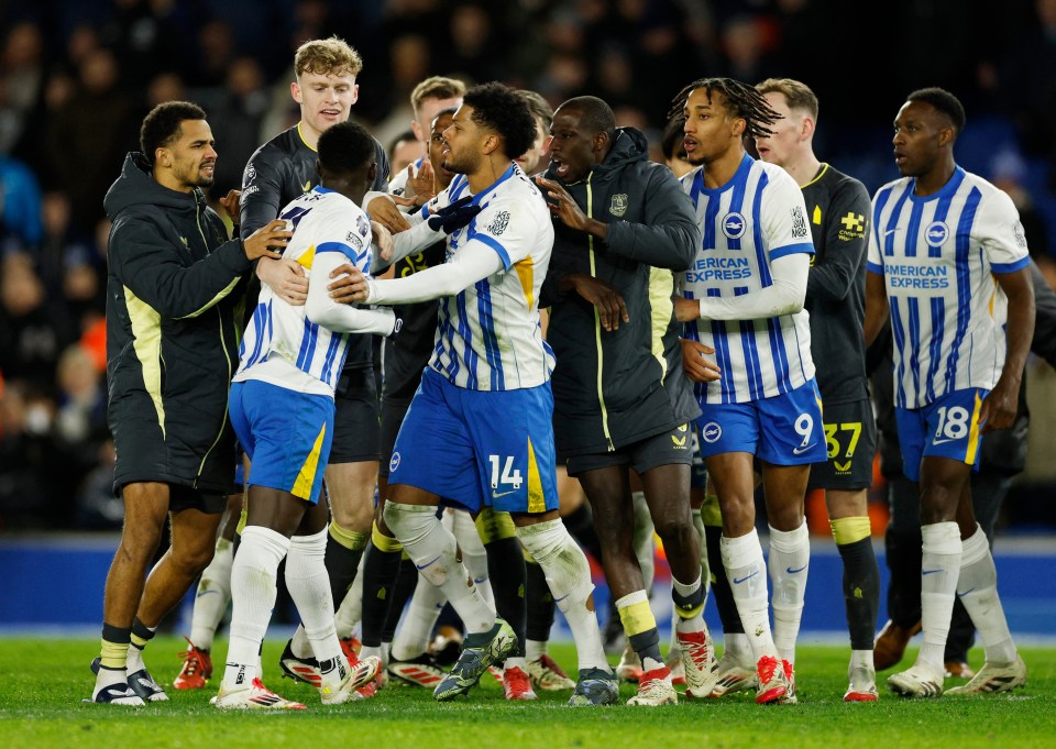 Everton and Brighton & Hove Albion soccer players in a heated confrontation.