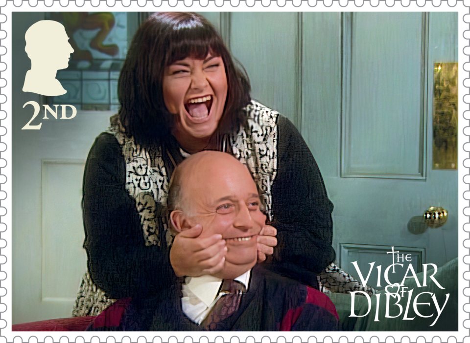 Royal Mail stamp featuring a scene from *The Vicar of Dibley*.