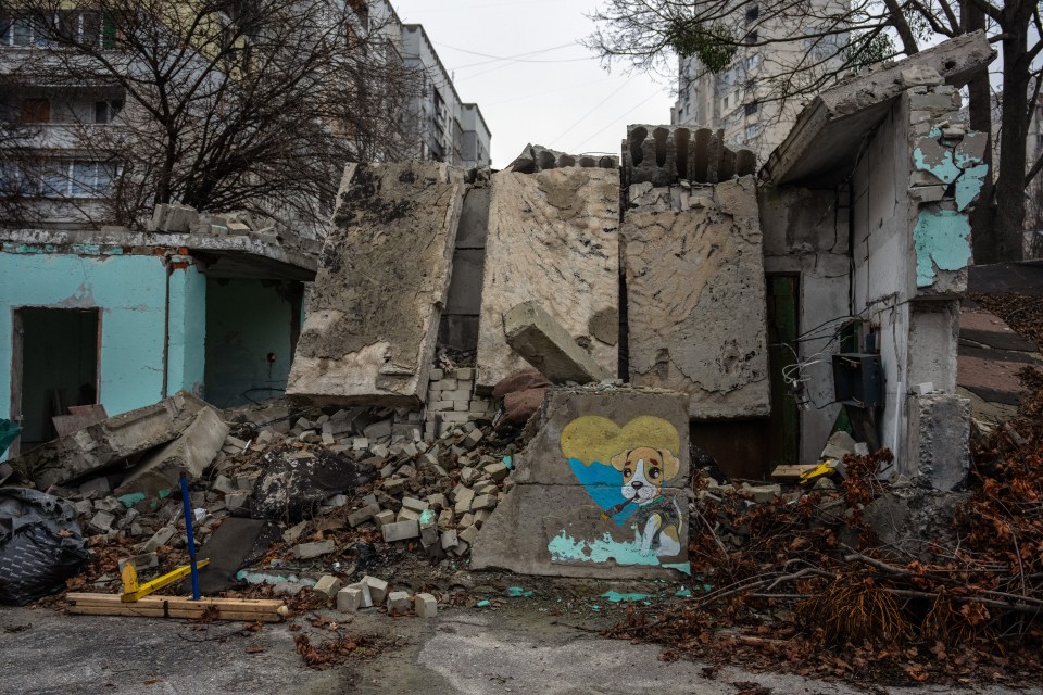 Rubble and debris from a destroyed building in Kharkiv, Ukraine, with a painted dog on a remaining wall section.