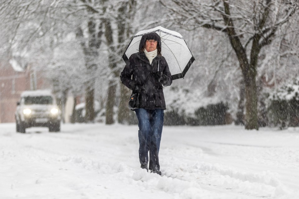 A woman walks through the snow in Leeds today