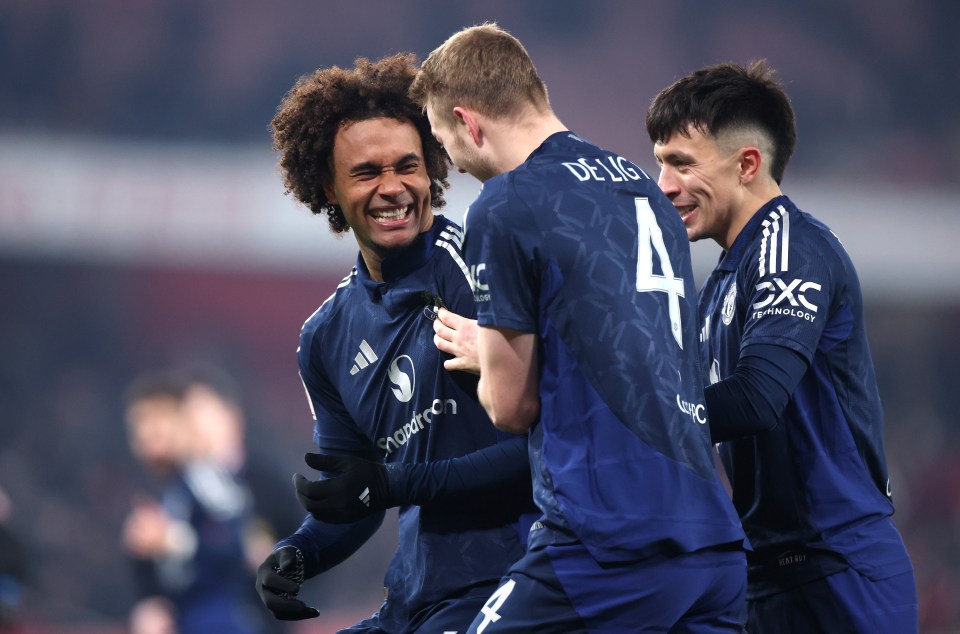 Manchester United players celebrating a goal.