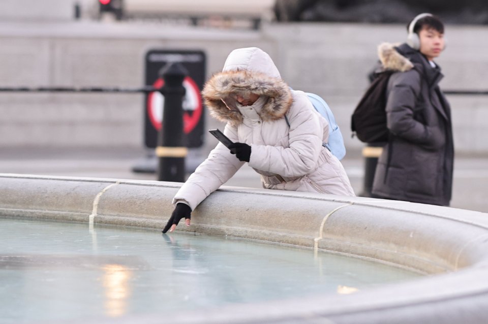 Frozen fountain in Trafalgar Square, London.