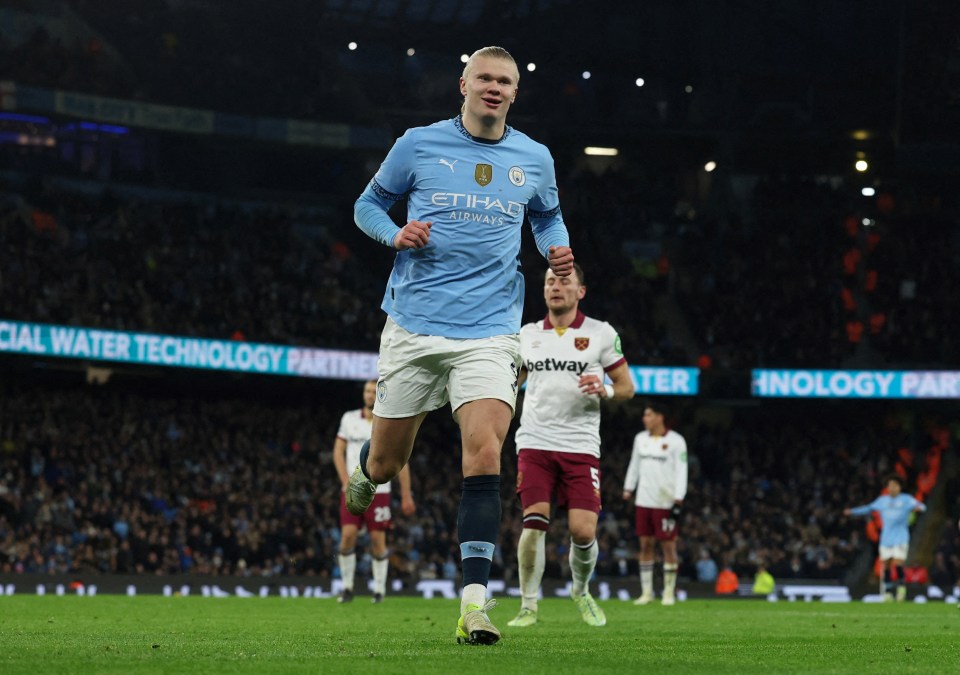 Erling Haaland celebrating a goal at the Etihad Stadium.