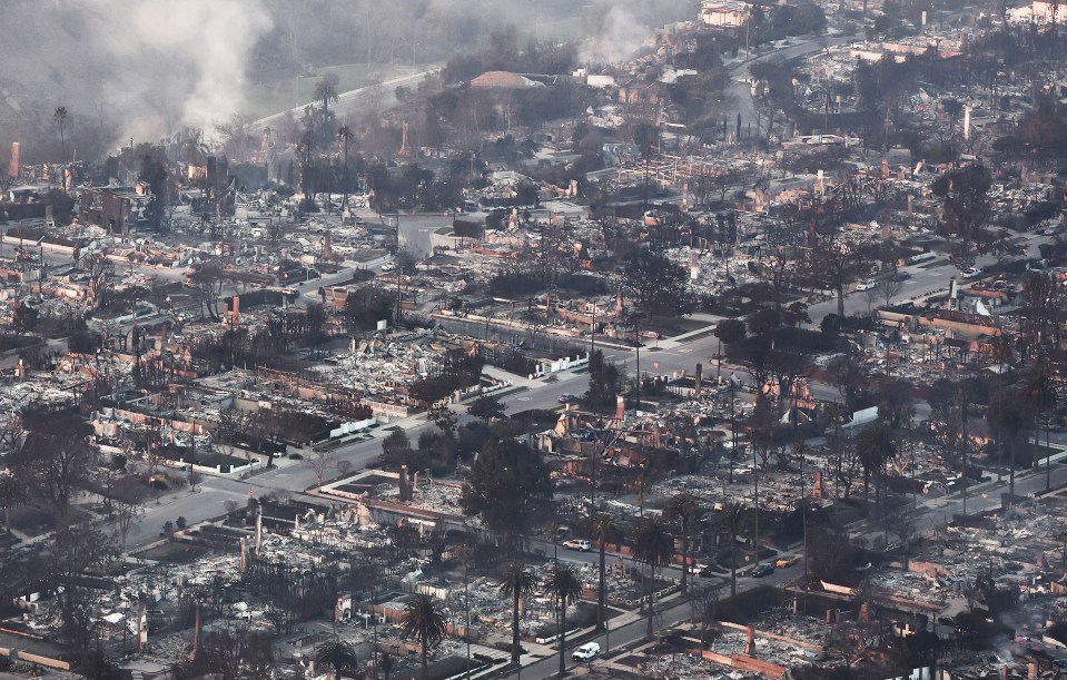 Aerial view of fire-destroyed homes in Pacific Palisades, California.