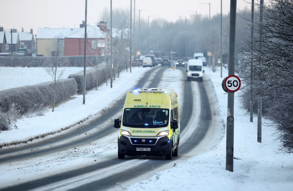 Ambulance driving on a snow-covered road.