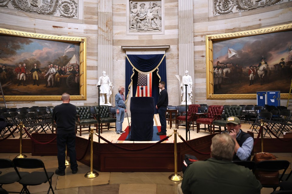 Preparation for a presidential inauguration in the U.S. Capitol Rotunda.